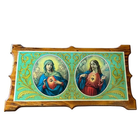 Religion Other - Vintage 17x36 Varnished Italian Poster on Board Scared Heart Jesus Mary Picture